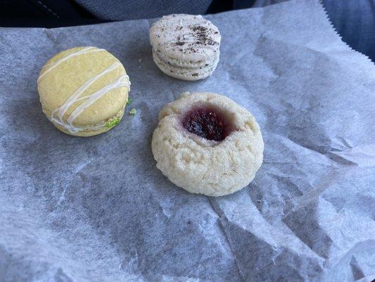 Lemon Macaron, Cookies & Cream Macaron, and Raspberry Finger-Print Cookie