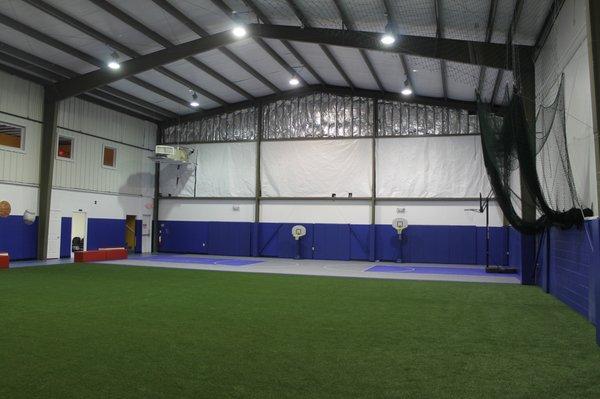 Indoor turf, batting cage and basketball court