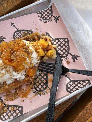 Waffle w Peaches, Vanilla Bean Ice Cream, Walnuts and Whipped Cream