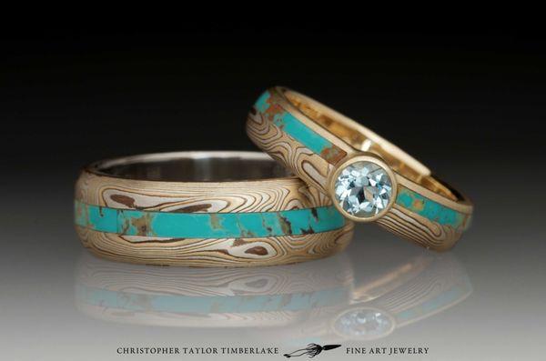 14K Yellow Gold, Sterling Silver, and Shakudo Mokume Gane Wedding Set with Turquoise Inlay.