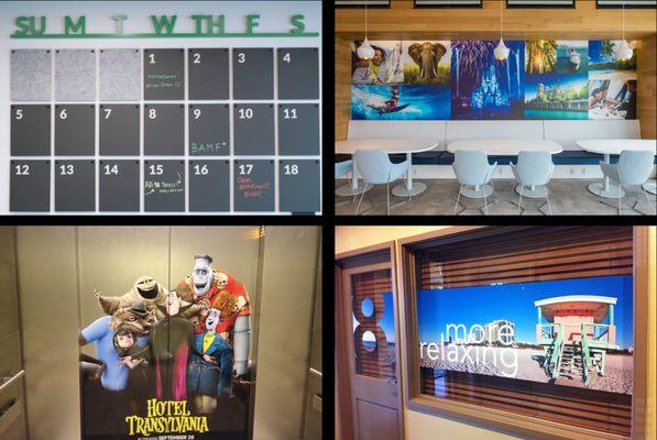 Wall Graphics
Murals
Dimensional lettering,
Signs
Interactive displays
Environmental graphics
Directional signage
Elevator doors
ADA