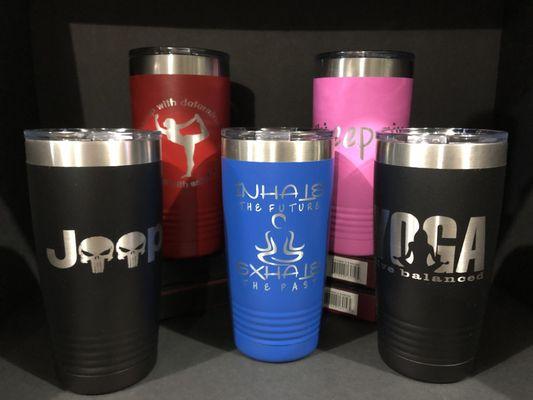 Samples of powder coated tumblers.