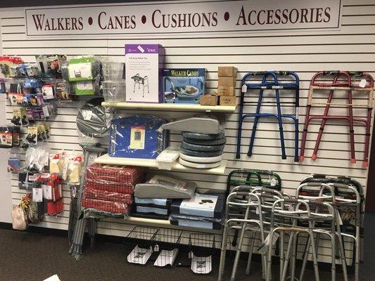 We have a wide variety of walkers, canes, cushions and accessories!