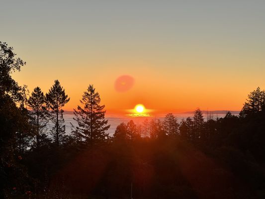 Sunrise over a fogged in Napa Valley.