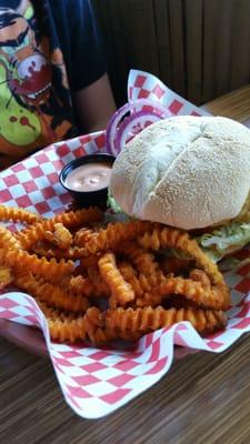 Rumbi burger with sweet potato fries.