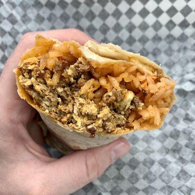 Chorizo breakfast burrito, add rice. Sooooooooooooooo gooooooooood!!!!!!!!!