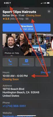 Photo shows hours of the store on Sunday & shows the time I took the screenshot. But it doesn't show that I actually arrived at 4:35 PM.