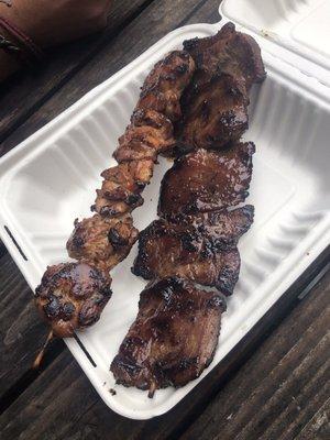 Chicken and pork skewers. Very moist and delicious!