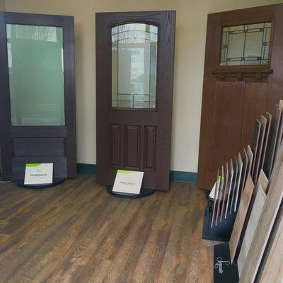 Door display showing a few examples that can be done to exterior doors in the first show room.