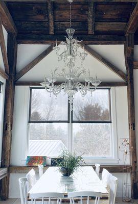 Dining Room Chandelier Installed - Salvaged Beam Located & Also Installed For Project.