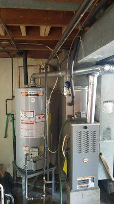 A short water heater on a stand to meet code for installing heater inside the garage.