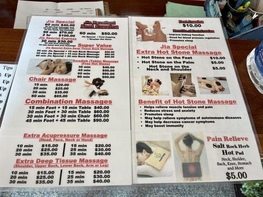 Massage menu