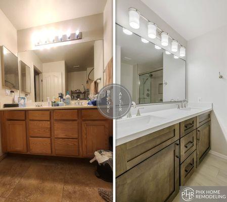 New vanity and lights to change the bathroom vibe. See more: https://phxhomeremodeling.com/keiths-guest-bathroom-renovation-chandler/