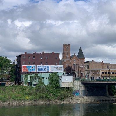 Main Str. Restaurant row + bridge, Binghamton