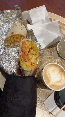 Chipotle Chicken wrap with cheddar cheese and hot peppers. Pumpkin Spice Latte (12 oz) "just a little sweet."