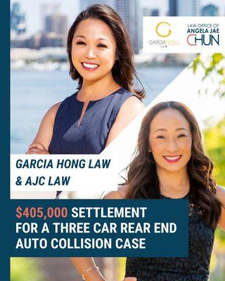 Our firm & Garcia Hong Law obtained a $405,000 settlement for our client who suffered right knee injuries in a three car, rear end collision