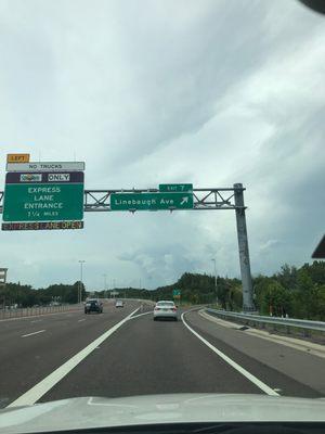 Take exit 7 Linebaugh Ave. and travel WEST about 1-2 miles before making a RIGHT onto Sheldon Rd.