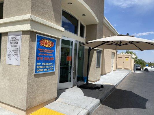 The front of our building, where you pull up your vehicle to get a smog test