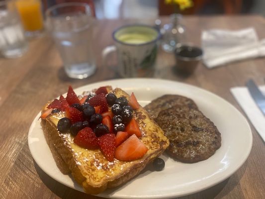 French toast with berries and Turkey sausage.