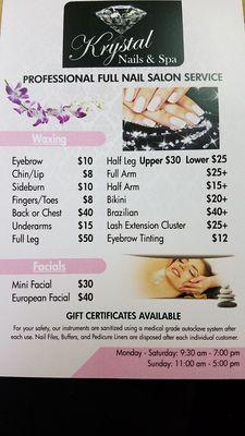 Salon services menu