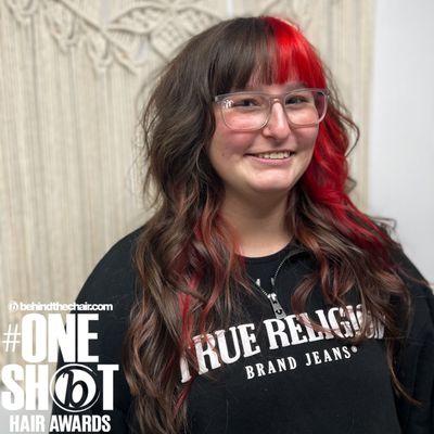 Red Color blocks and shag haircut with Dora Bangs