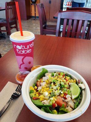 Chicken lime bowl and mango pineapple smoothie