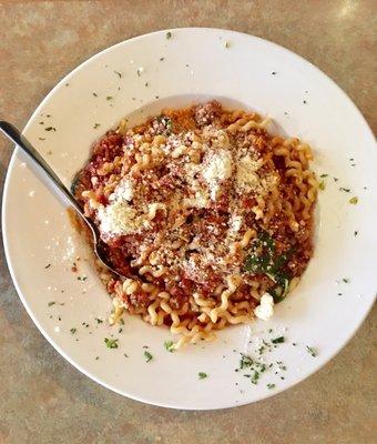 My girlfriend's fusilli w Bolognese - the nice long fusilli as it should be!