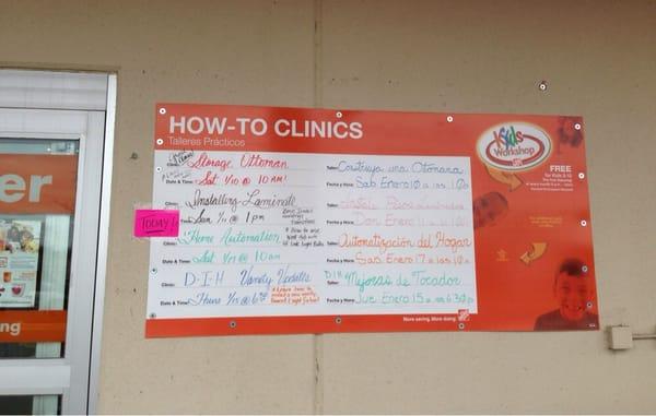 Free how-to clinics & workshops available. List of free classes located right outside the front entrance.