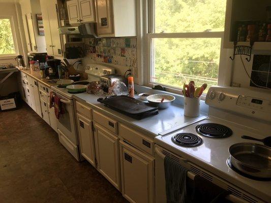 This is the kitchen where they put out eggs and bacon and bread and spreads for you to make your own breakfast even with pancakes