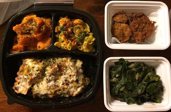 Lasagna, mac&cheese, yams, collard greens, and shiitake mushrooms .