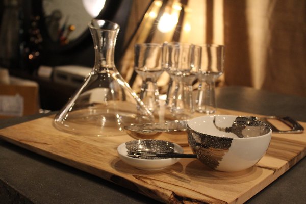 blown glass decanter, artisan made in the usa with hand blown + cut glassware, sea fan serving pieces @artefacthome