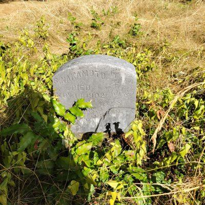 One of a few headstones with Japanese etchings.