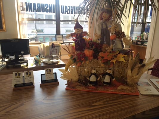 Front desk with fall decorations