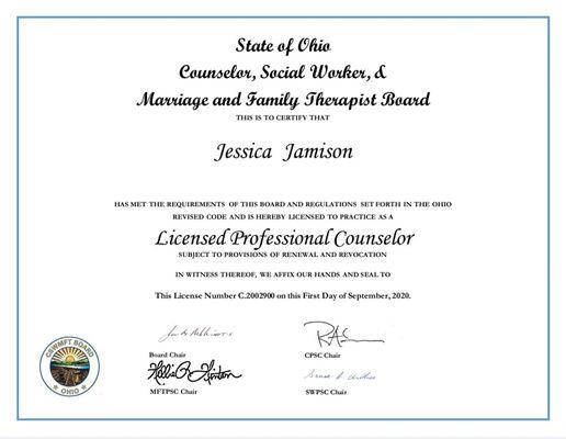 Jessica Jamison, MA, LPC, License