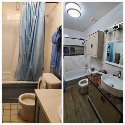 Before and after bathroom remodel.  Vanity top replaced with stunning Epoxy