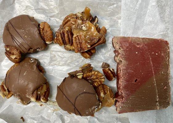 Chocolate-pecan turtles and bourbon-cherry-chocolate fudge