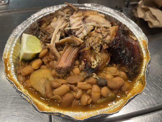 Pork, dirty rice with black beans,red soupy beans,$10