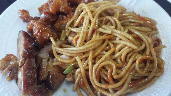 Chow mein looks more like spaghetti, no veggies at all.