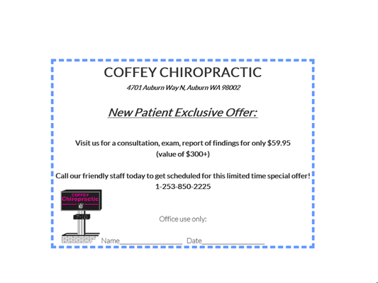 **NEW PATIENTS WELCOME** 
  Visit us for a consultation, exam, report of finding for only $59.95!
  Bring this coupon.