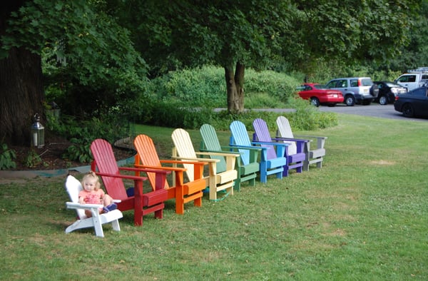 Chakra chairs overlooking the pond