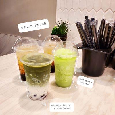 Matcha Latte w Redbean Honeydew Slush Peach Punch w Boba