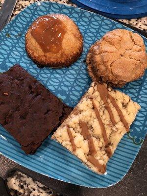 Brownies, PB cookie sandwich, apple Carmel hand pie, biscotti cookie bar!