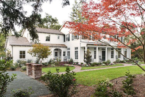 Front facade of a custom ground-up Colonial Revival residence. Photo by Laura Hull.