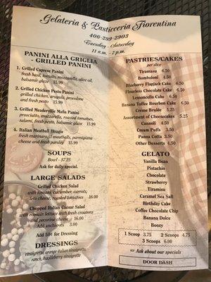 Menu for Italian sister store next door and gelateria