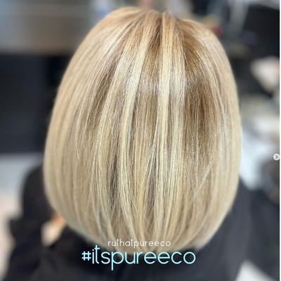 Head-turning Butter Blonde livens up this classic cut. Warmer blonde tresses are mixed w/ bright pieces + add dimension & are a great option