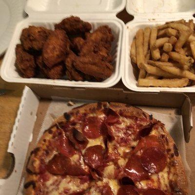 Wings, FREE, yes FREE fries and a delicious pepperoni pizza