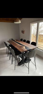 Black Walnut and Black Epoxy Dining Table with Black Farmhouse style base