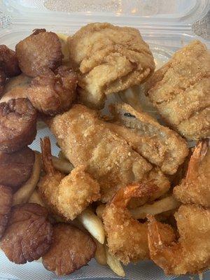 Fried whiting, sea scallops, fried shrimp and fries