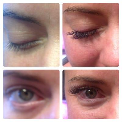 Before/After Eyelashes Extensions. Full set approx $100, approx 30-45 minutes per eye. Charged by fullness, not time. Fills $50