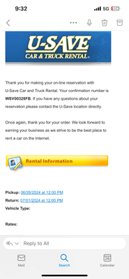 My confirmation email and pick up dates still showing as a valid rental even after arriving and being told it had been cancelled may 14th